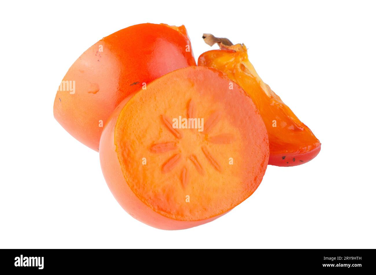 Persimmon. Cachi maturi con fetta isolati su sfondo bianco. Foto Stock