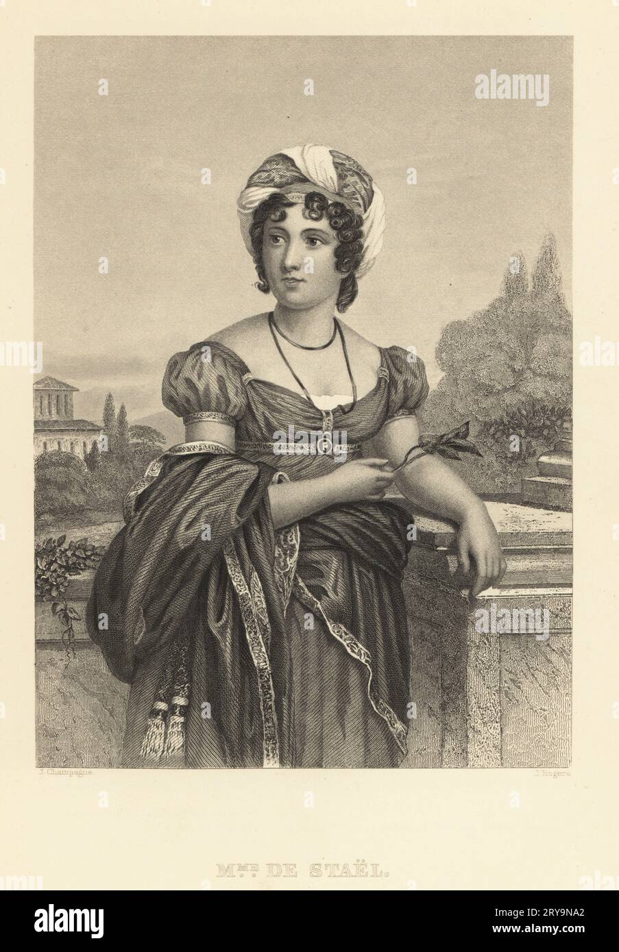 Madame de Stael, Anne Louise Germaine de Staël-Holstein, Genevan e francese donna di lettere e teorica politica, e leader salonnière, 1766-1817. Dopo un dipinto di Francesco Gérard. Incisione in acciaio di John Rogers su un'illustrazione di Jules Champagne di The Court of Napoleon or Society Under the First Empire di Frank B. Goodrich, J. B. Lippincott, Philadelphia, 1875. Foto Stock