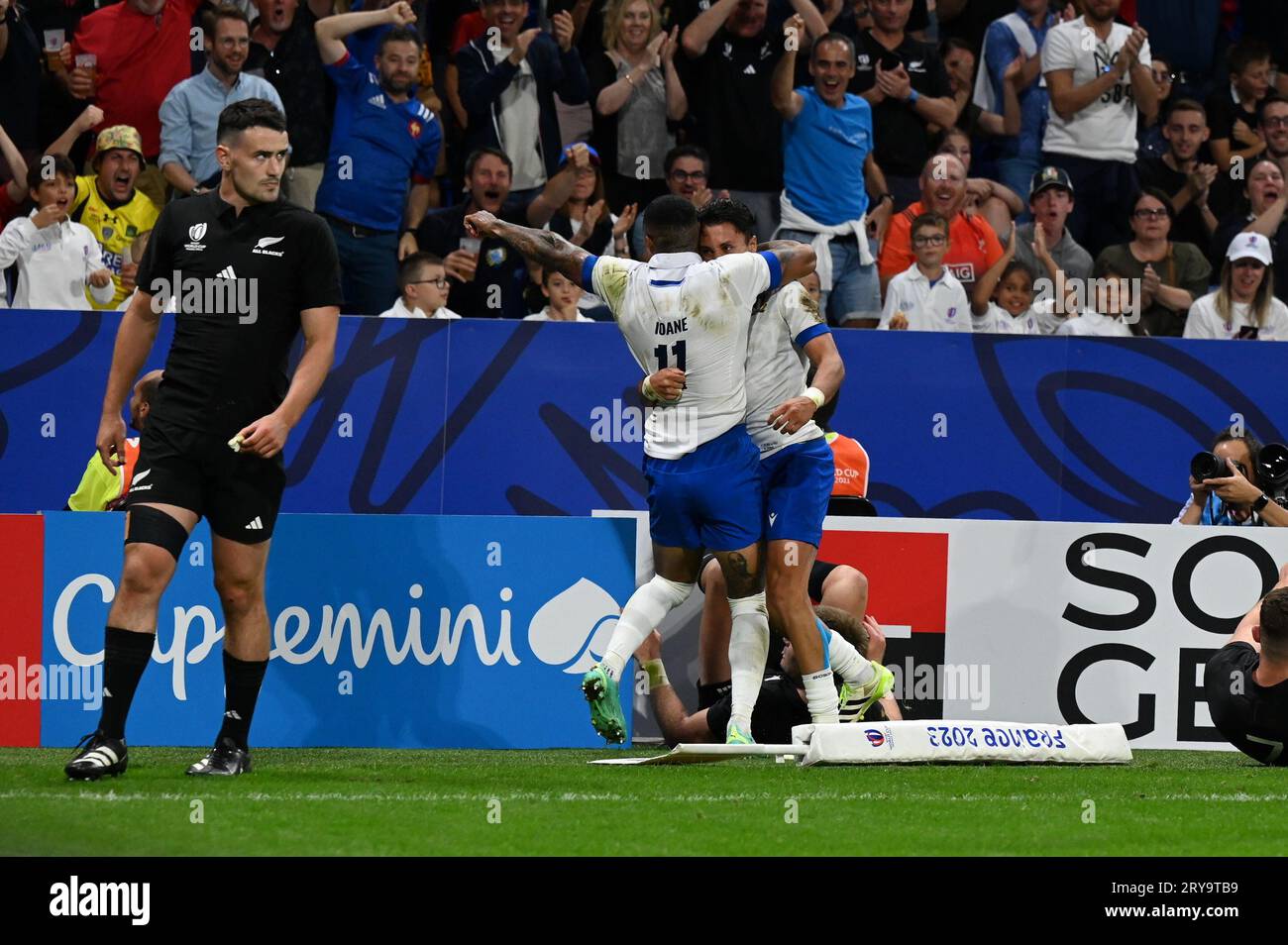 Lione, Francia. 29 settembre 2023. l'italia festeggia una meta durante la partita di Coppa del mondo di rugby Italia vs nuova Zelanda a Lione, Francia, settembre 29 2023 credito: Agenzia fotografica indipendente/Alamy Live News Foto Stock