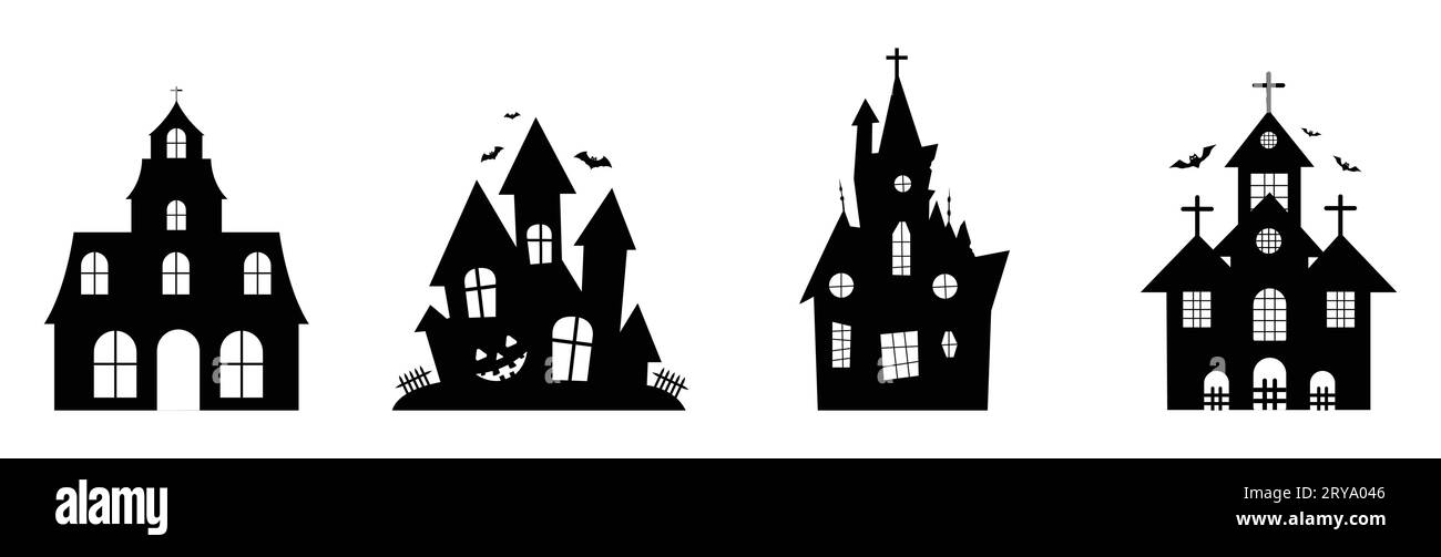 Collezione di silhouette della casa stregata di Halloween. Halloween spettrale casa dei fantasmi. Isolata casa infestata da Halloween chiesa e altri edifici. Illustrazione Vettoriale