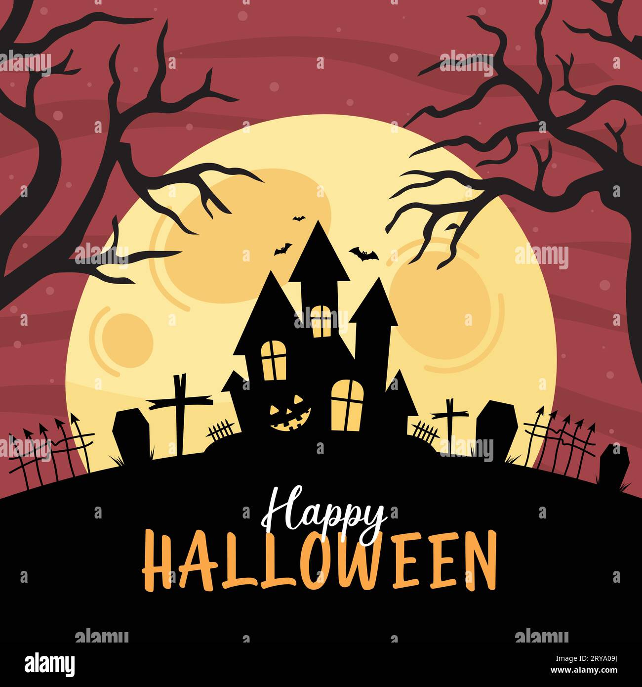 Poster di Halloween, design del modello di volantino. Buon poster della festa di Halloween. Modello di post sui social media con vecchia residenza, cimitero e zucca spaventosa. Illustrazione Vettoriale