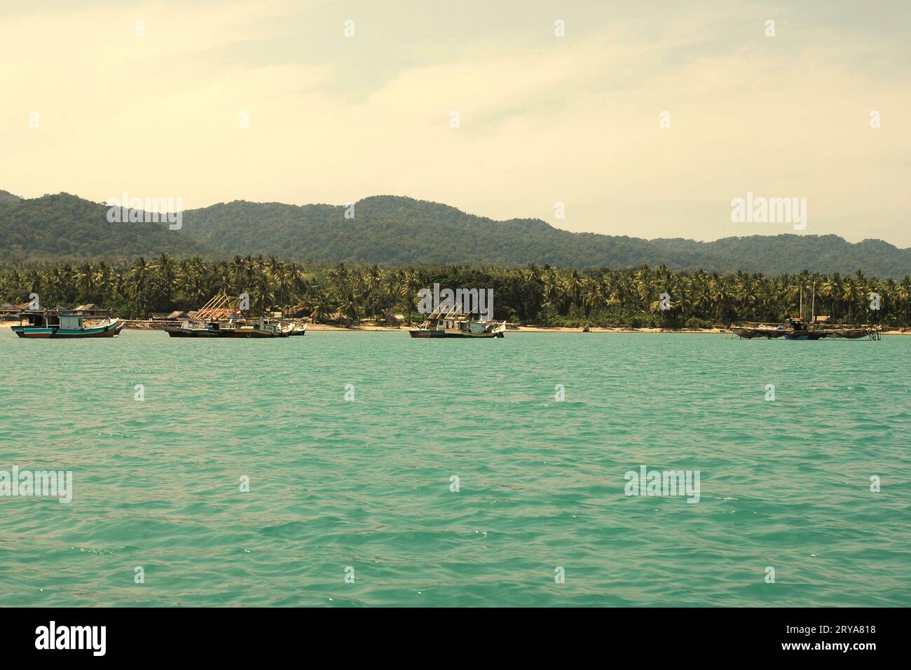 Una vista del paesaggio costiero di Sumur, una città che fa parte della zona cuscinetto del Parco Nazionale di Ujung Kulon a Pandeglang, Banten, Indonesia. "Vaste aree dei parchi nazionali sono state sottoposte a una rigorosa protezione per la conservazione della biodiversità e l'integrità degli ecosistemi, che priva le comunità dell'accesso alla terra e alle risorse naturali, mette pressione sui loro mezzi di sussistenza e porta a conflitti comunitari", ha scritto un team di ricercatori guidati da A-li Yang (School of Tourism, Northwest Normal University, Lanzhou) nel loro articolo del 2021 pubblicato da Atlantic Press. Foto Stock