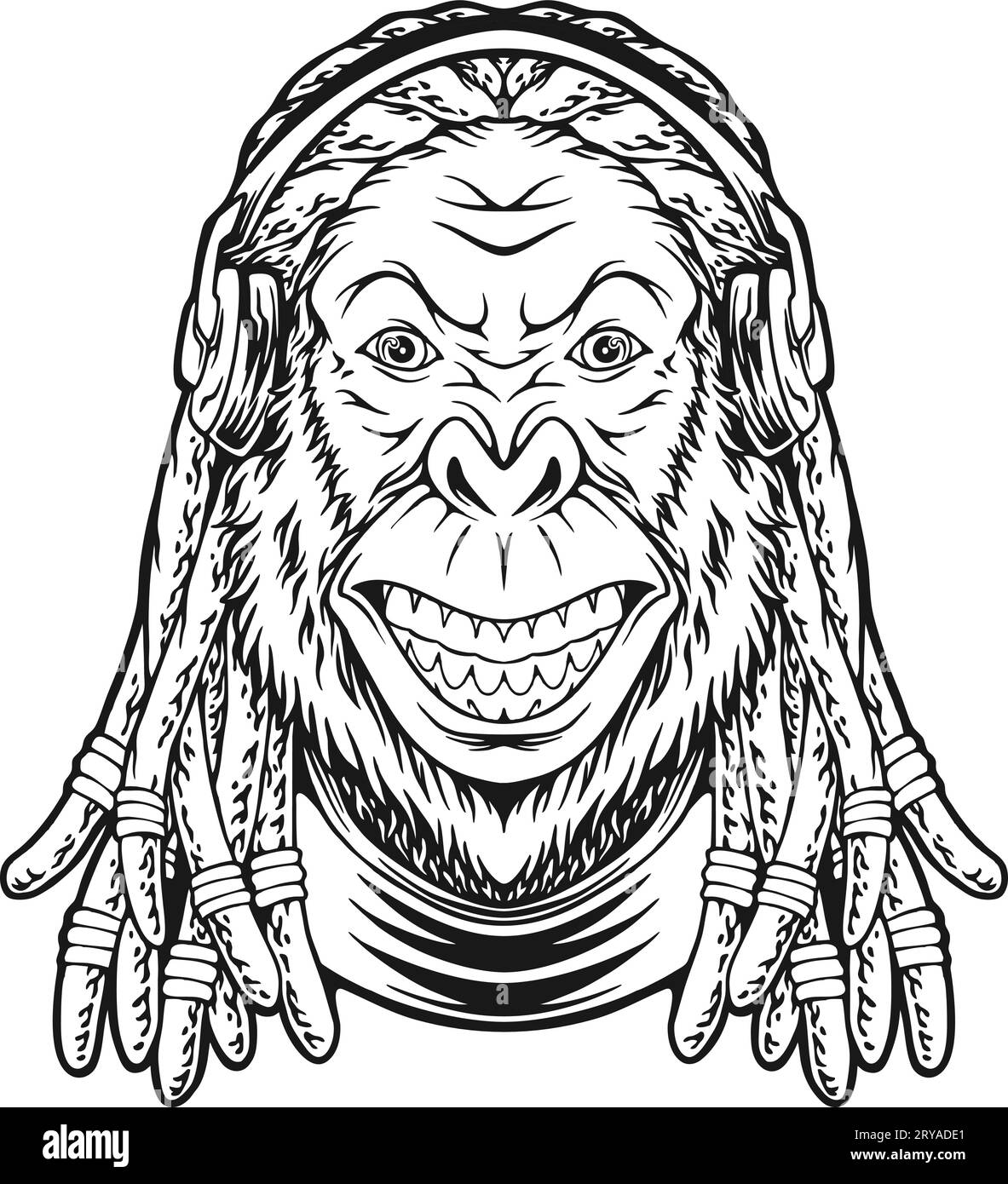 Wild Rhythms gorilla dreadlock illustrazioni vettoriali monocromatiche per il logo del tuo lavoro, t-shirt di merchandisse, adesivi e disegni di etichette, poster, saluto c Illustrazione Vettoriale