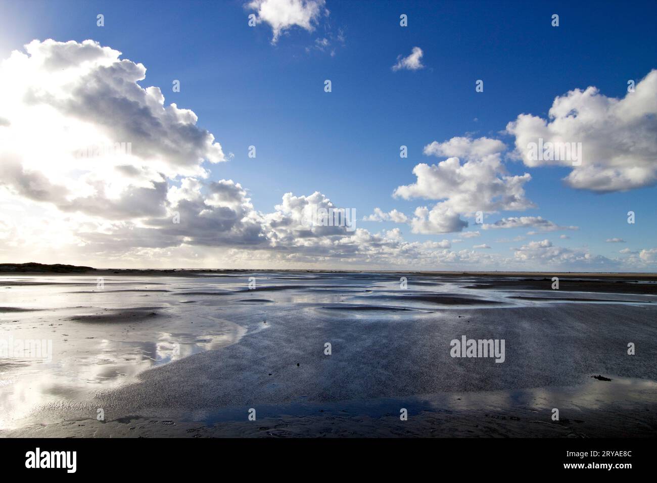 Wolken spiegeln sich im Watt * nuvole che si riflettono nelle distese fangose della costa settentrionale del mare Foto Stock