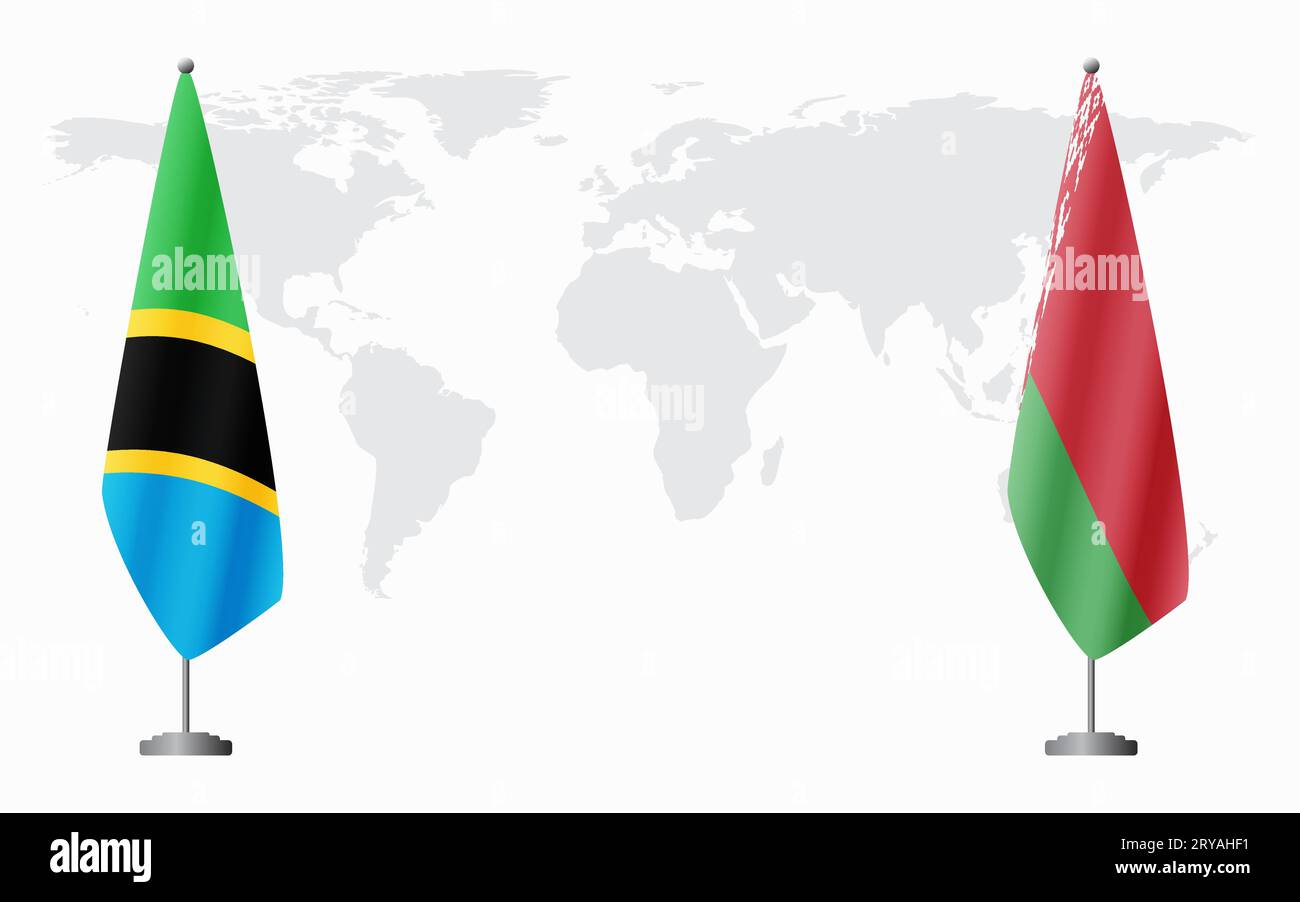 Tanzania e bandiere bielorusse per un incontro ufficiale sullo sfondo della mappa mondiale. Illustrazione Vettoriale