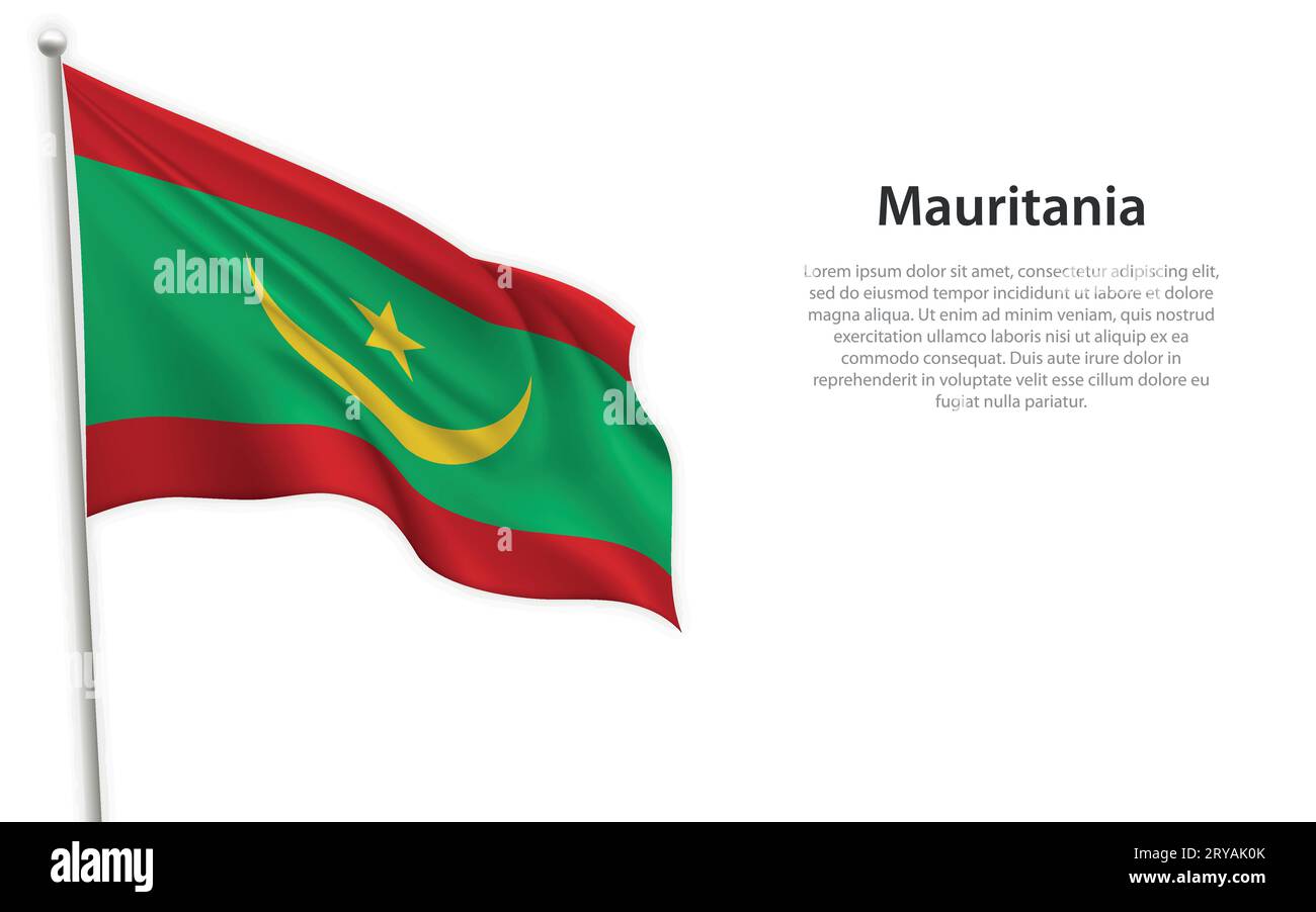 Sventolando la bandiera della Mauritania su sfondo bianco. Modello per il design del poster del giorno dell'indipendenza Illustrazione Vettoriale