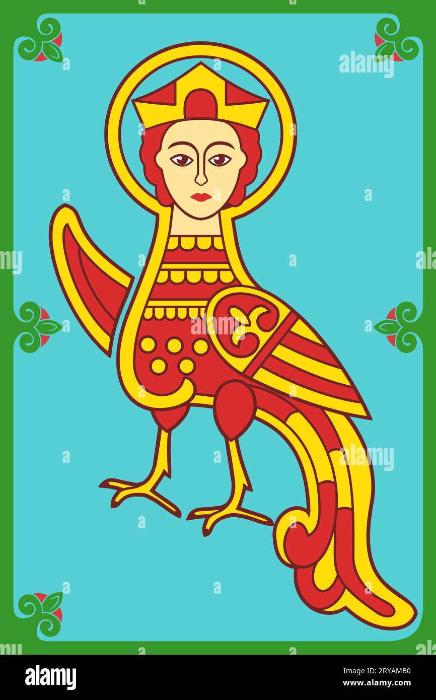 Poster di Siren o Paradise Bird, Firebird. Antico simbolo popolare. Illustrazione vettoriale. Illustrazione Vettoriale