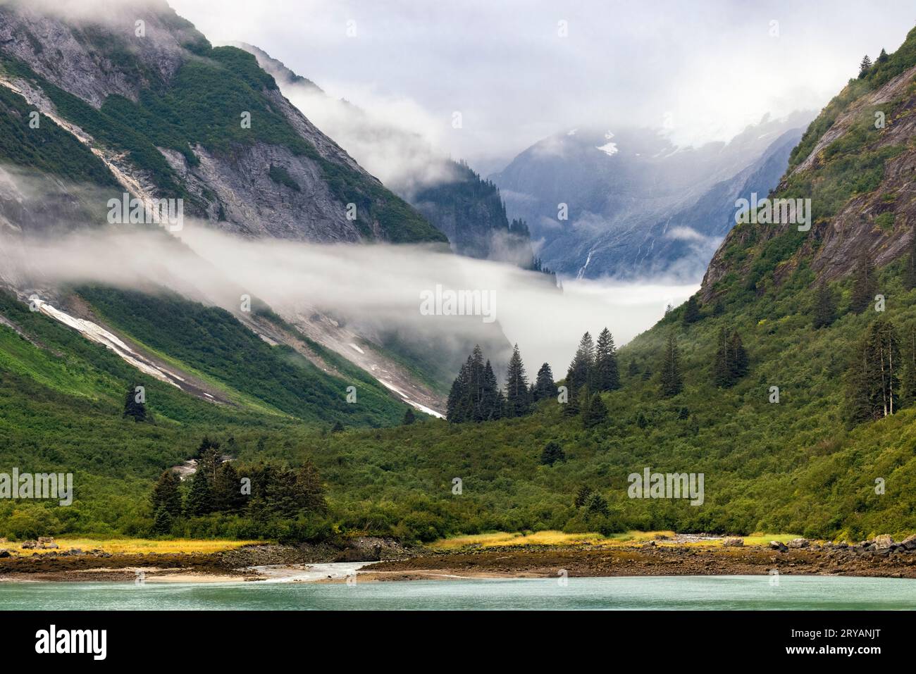 Spettacolare paesaggio nebbioso nel fiordo di Tracy Arm vicino a Juneau, Alaska, USA Foto Stock