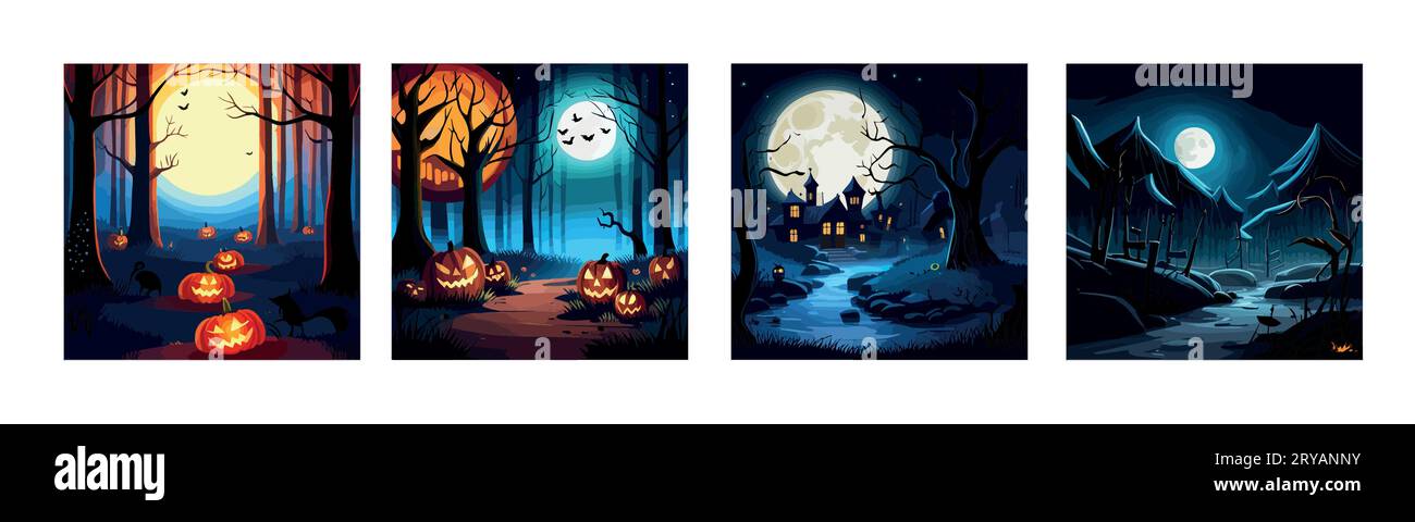 Imposta lo striscione di Halloween, la scena spaventosa delle zucche. Spaventosa foresta raccapricciante in ottobre buio paesaggio autunnale cupo e inquietante. Illustrazione vettoriale del concetto di sfondo all'aperto felice Halloween Illustrazione Vettoriale