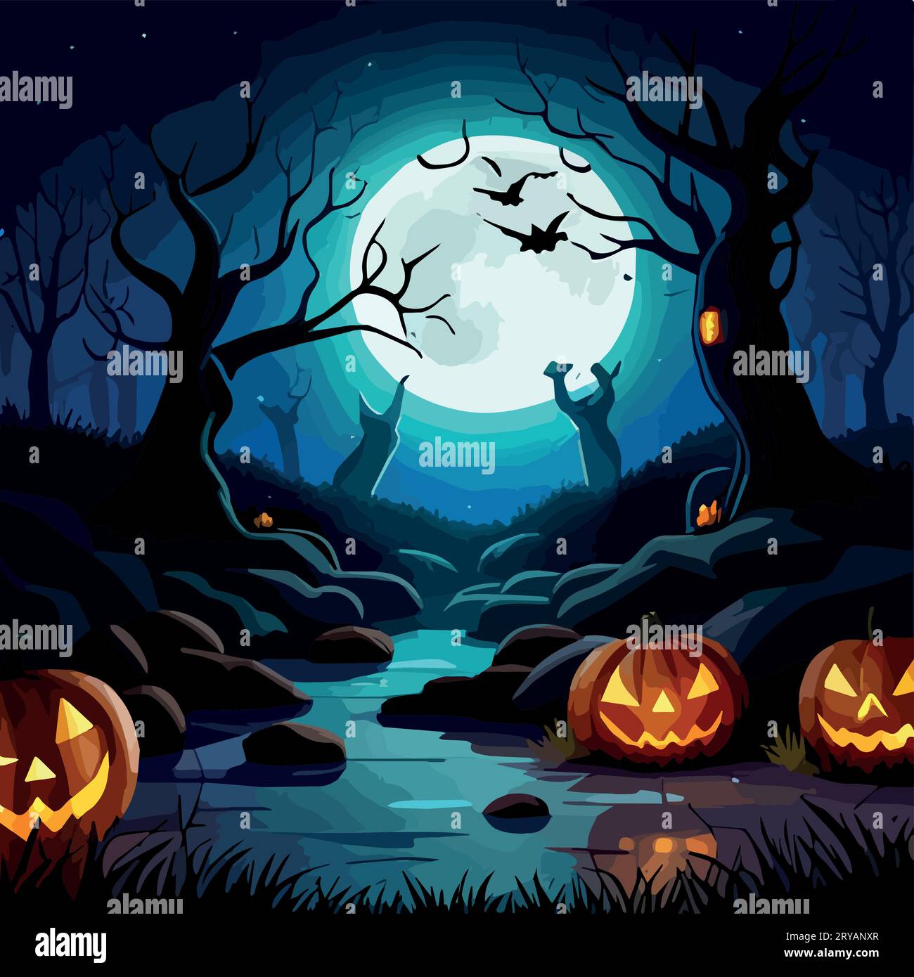 Scena di Halloween. Notte misteriosa Misty Forest con zucche scintillanti sullo sfondo della luna piena, illustrazione vettoriale di halloween Illustrazione Vettoriale