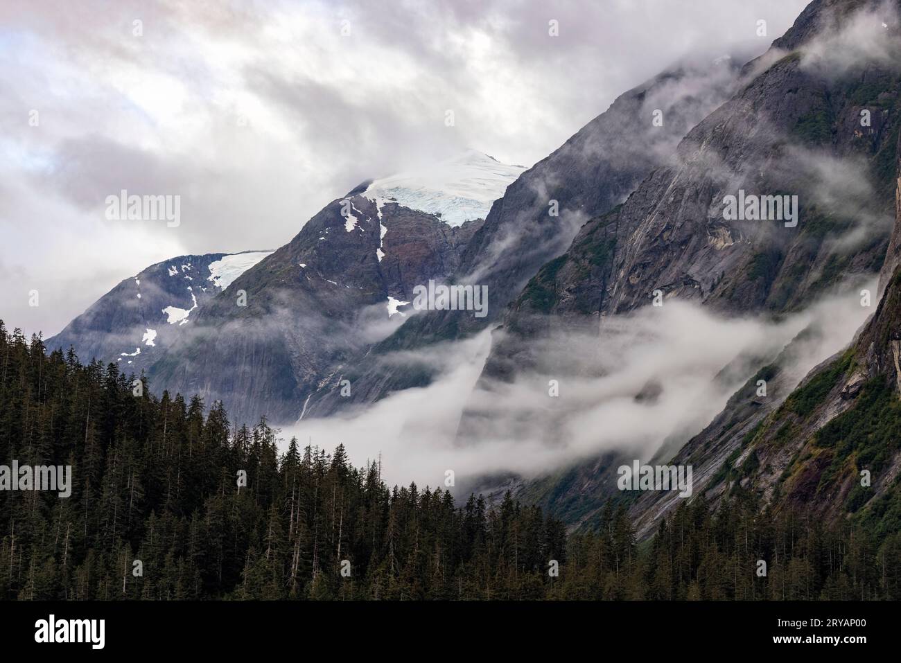 Spettacolare paesaggio nebbioso nel fiordo di Tracy Arm vicino a Juneau, Alaska, USA Foto Stock