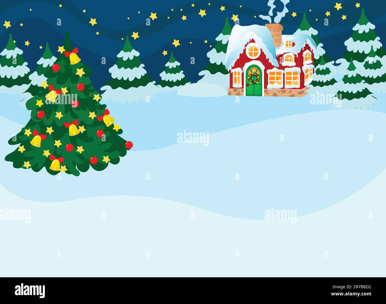 Notte o sera alla vigilia di Natale e l'accogliente casa di Babbo Natale tra gli abeti. Gli alberi di Natale e il tetto sono ricoperti di neve. Illustrazione Vettoriale
