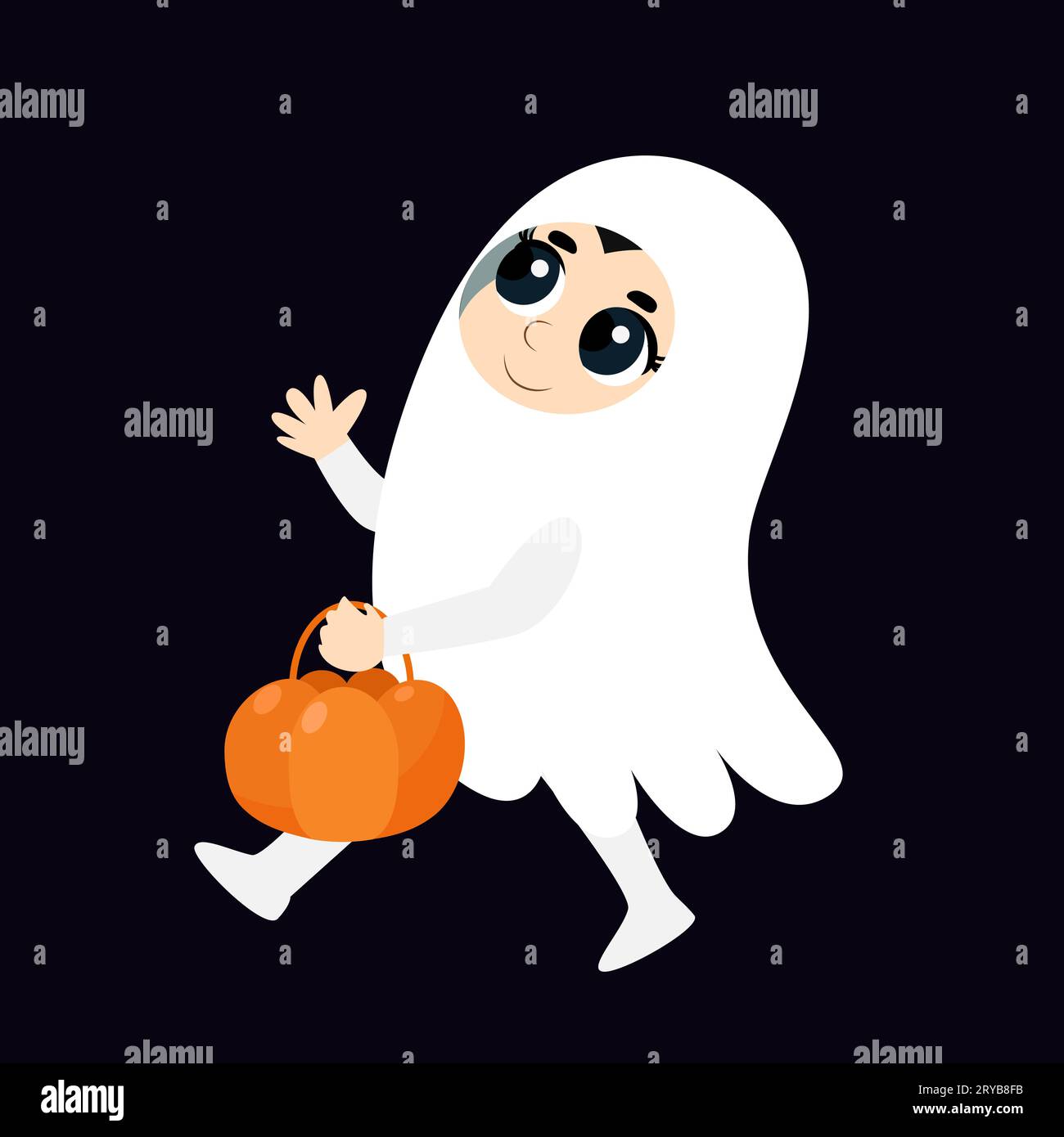 Un bambino vestito da fantasma bianco corre con un cestino di caramelle. Il personaggio di Halloween è felice e felice. Illustrazione del cartone animato isolata su sfondo bianco. Illustrazione Vettoriale