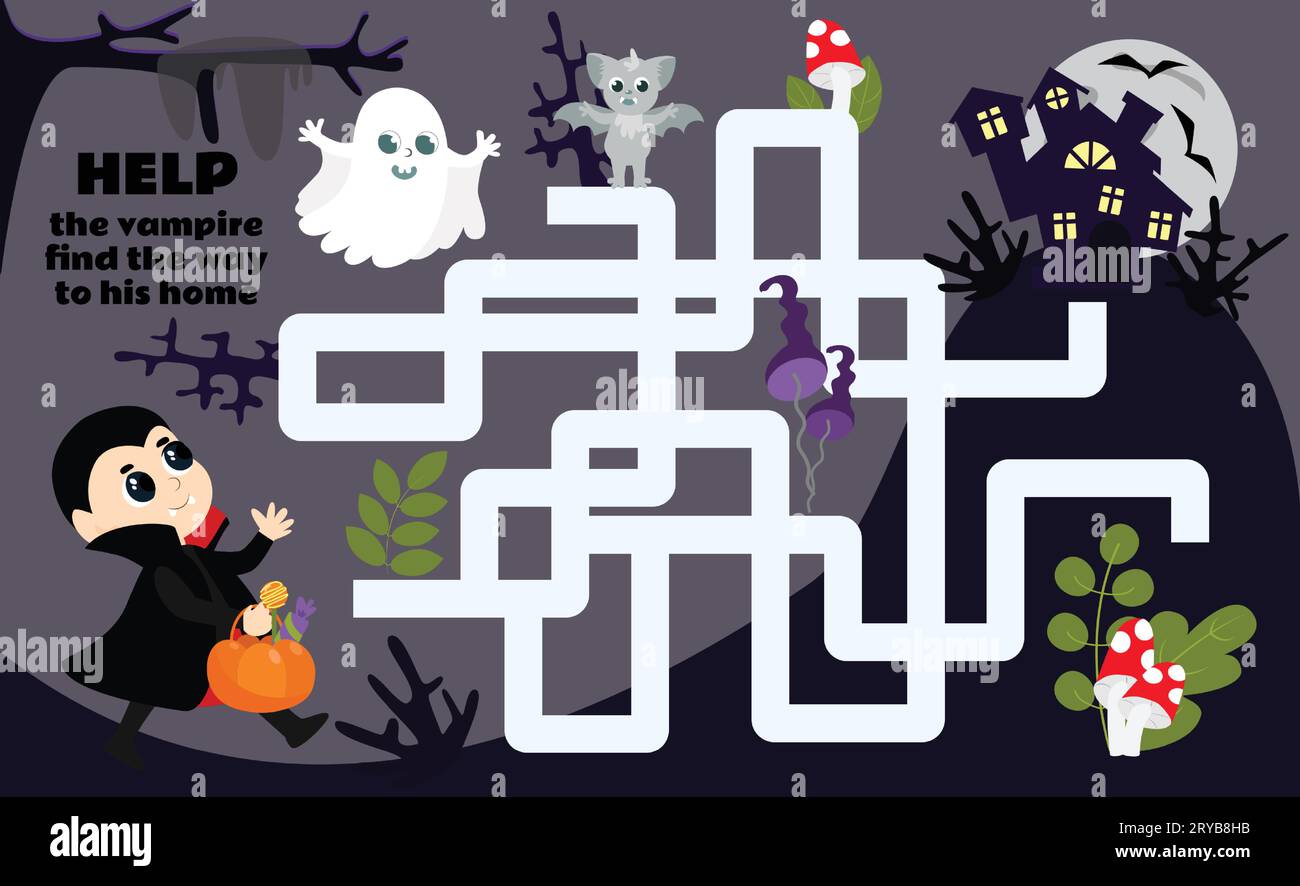 Labirinto di Halloween per bambini. Aiuta il piccolo vampiro a tornare a casa. Gioco educativo per bambini in stile cartone animato con personaggi positivi. Illustrazione Vettoriale