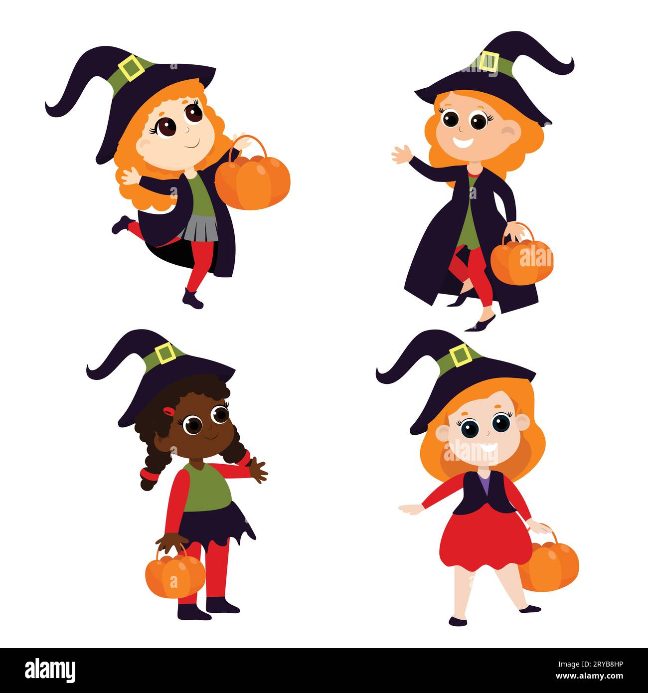 Set di piccole streghe carine con capelli rossi in costume con un cesto in mano. Illustrazione di Halloween in stile cartone animato isolato. Illustrazione Vettoriale