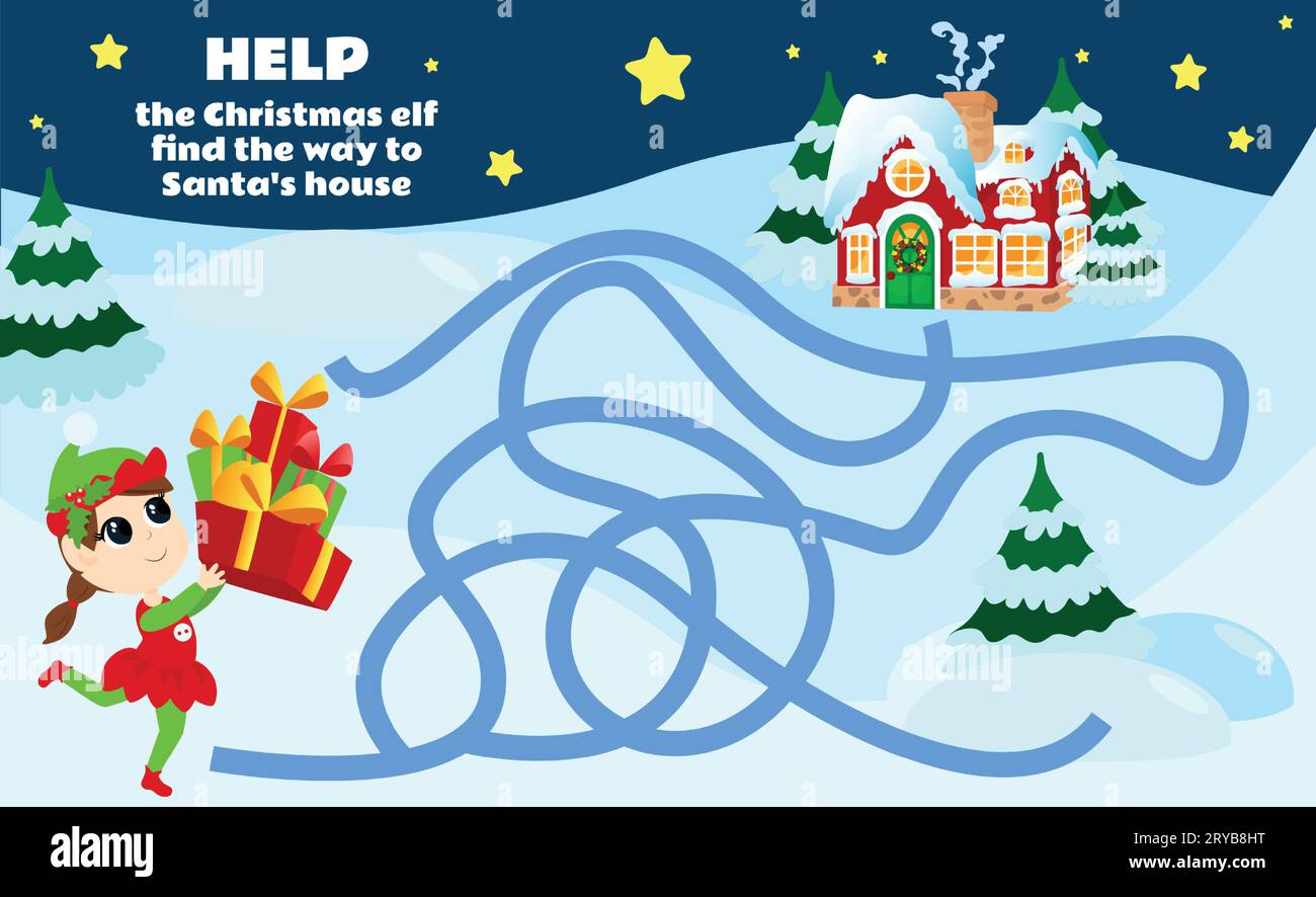 Gioco labirinto per bambini aiuta gli elfi di Natale a trovare la strada per la casa di Babbo Natale. Un gioco natalizio con un personaggio carino. Foglio di lavoro per asili e bambini Illustrazione Vettoriale