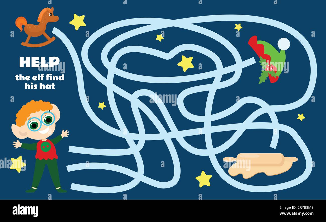 Labirinto gioco per bambini aiuta l'elfo a trovare il suo cappello. Un gioco natalizio con un personaggio carino. Foglio di lavoro per asili e scuole. Illustrazione Vettoriale