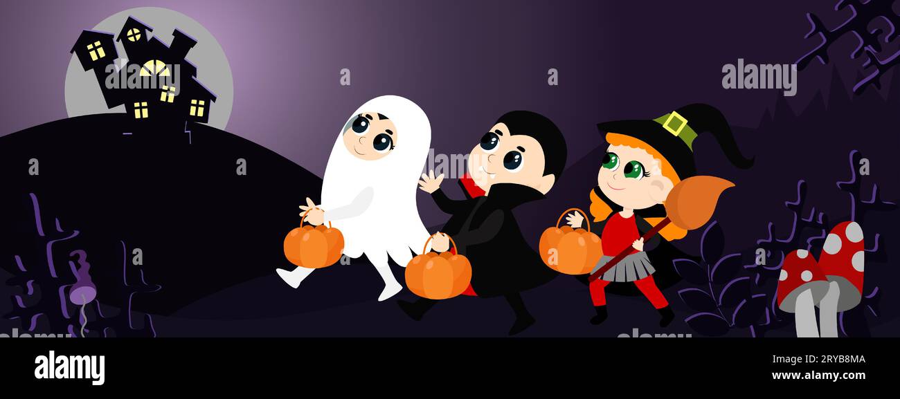 I bambini piccoli vampiro, fantasma e strega camminano con i cesti di caramelle fino al castello sulla montagna. Illustrazione dei cartoni animati per Halloween. Illustrazione Vettoriale