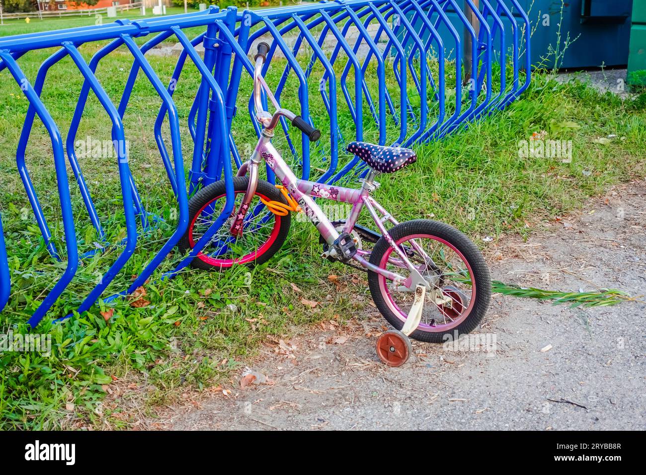 bici per ragazze con portabiciclette blu Foto Stock