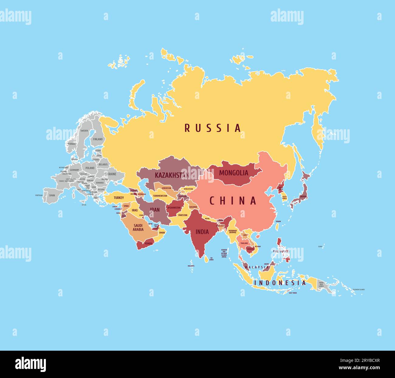 Vettoriale mappa politica dettagliata dell'Asia Illustrazione Vettoriale