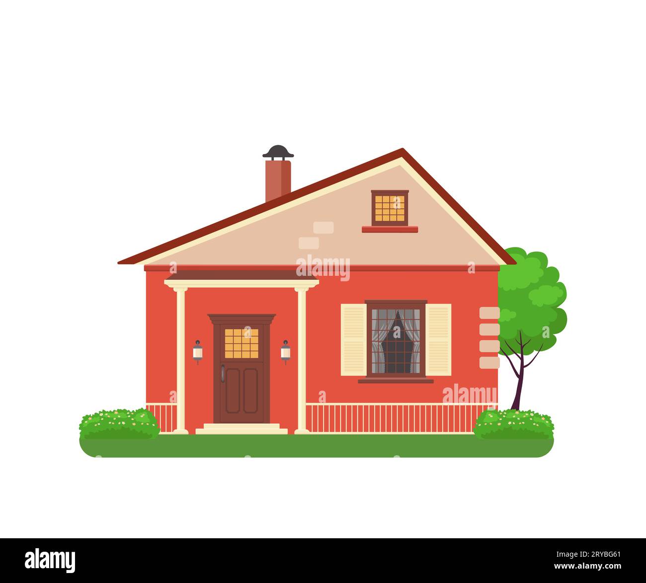 Graziosa casa rossa con colonne, isolata su sfondo bianco Illustrazione Vettoriale
