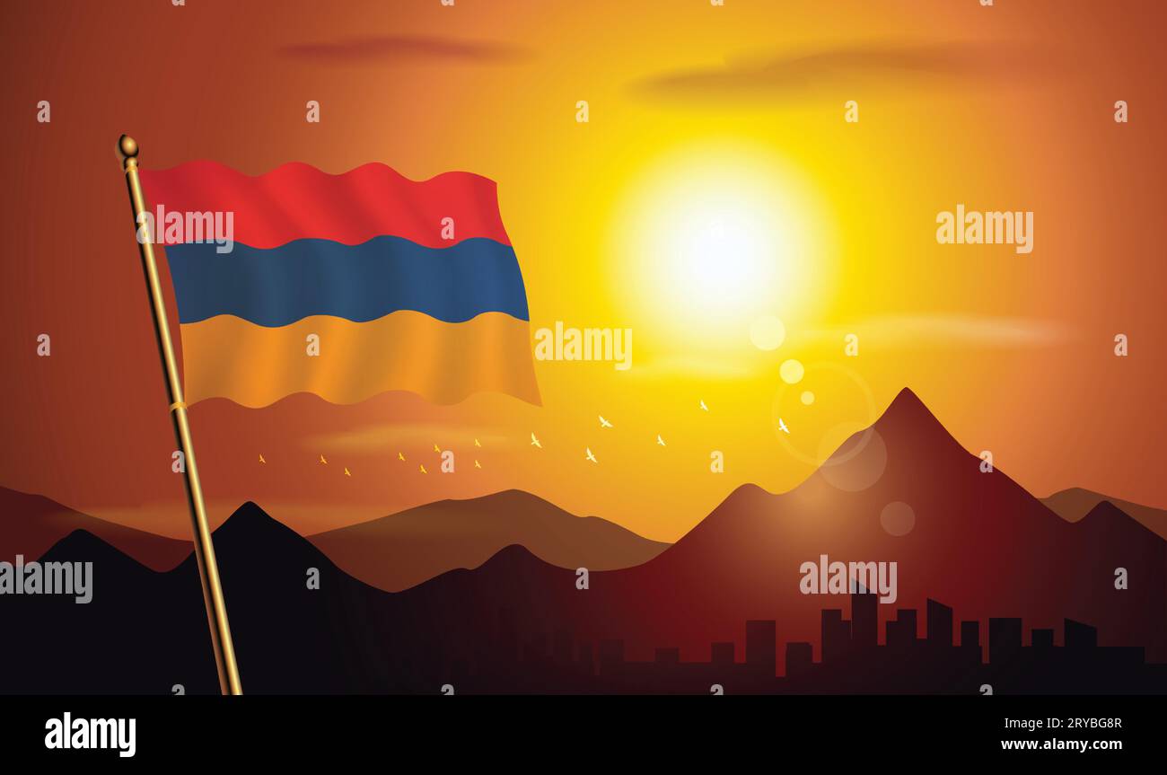 Bandiera dell'Armenia con sfondo al tramonto di montagne e laghi Illustrazione Vettoriale