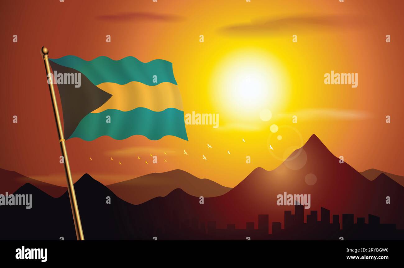 Bandiera delle Bahamas con sfondo al tramonto di montagne e laghi Illustrazione Vettoriale