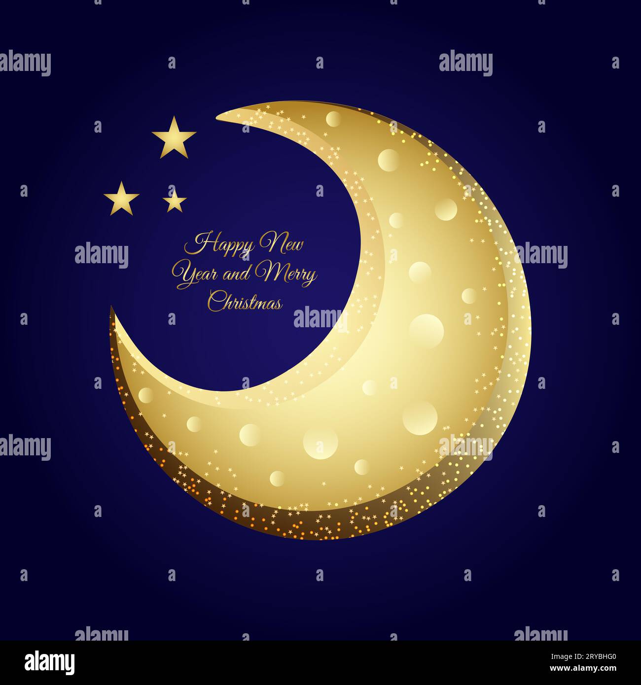 luna d'oro brillante favola su sfondo blu scuro con iscrizione dorata dell'anno nuovo felice e immagine vettoriale natalizia Foto Stock