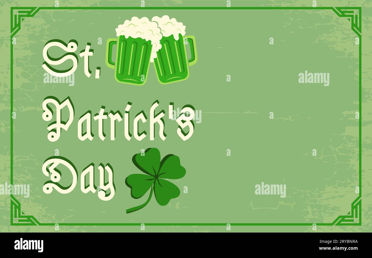Poster Vector vintage con trifoglio e birra per il giorno di Patrick. Trifoglio verde e due tazze da birra. Illustrazione Vettoriale