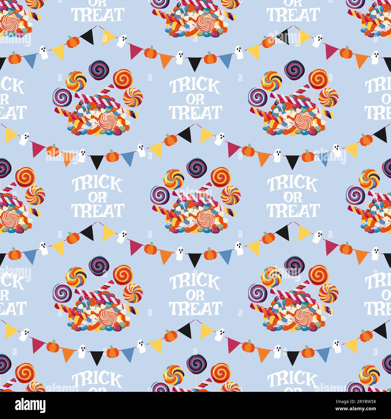 Motivo Halloween senza cuciture con dolci e ghirlande con bandiere, zucche e fantasmi. Decorazioni per festeggiare Halloween. Per carta da parati, carta regalo, tessuto, Illustrazione Vettoriale