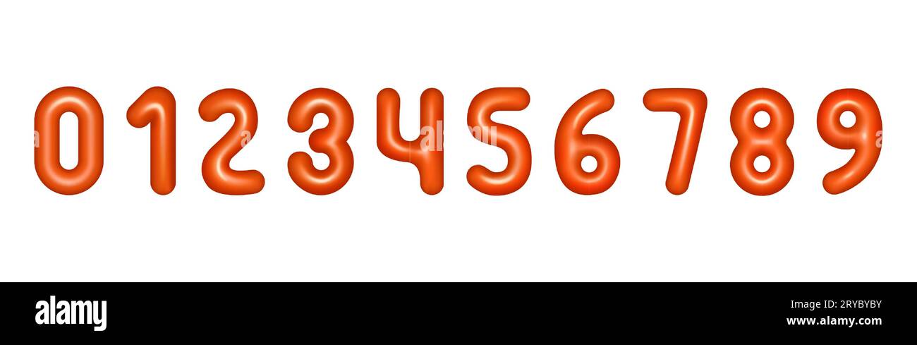 Numeri 3D. Bollatura 1, 2, 3, carattere con 4 e 5 caratteri di rendering. Tipografia di compleanno lettere rosse. Simboli isolati dell'elio. Segni alfabetici. Set di icone lucide per l'anniversario delle festività. Design dei cartoni animati vettoriali Illustrazione Vettoriale