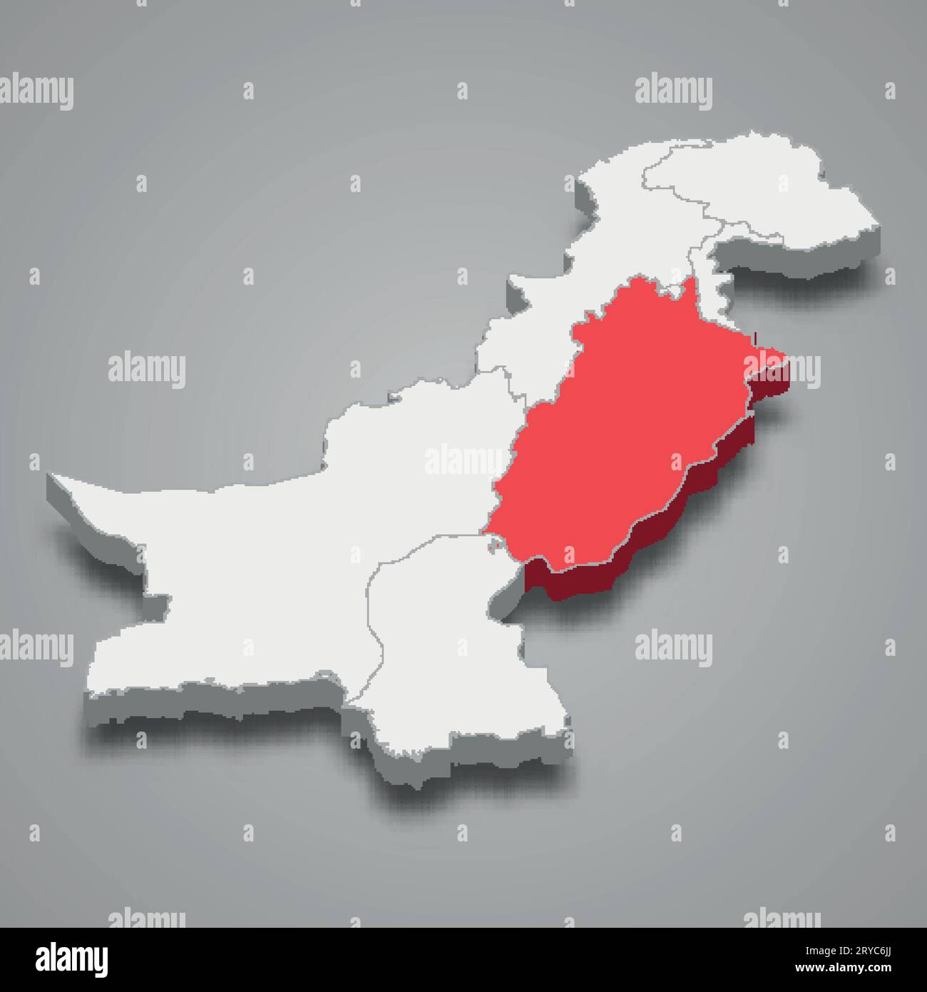 Posizione dello stato del Punjab all'interno della mappa isometrica 3d del Pakistan Illustrazione Vettoriale