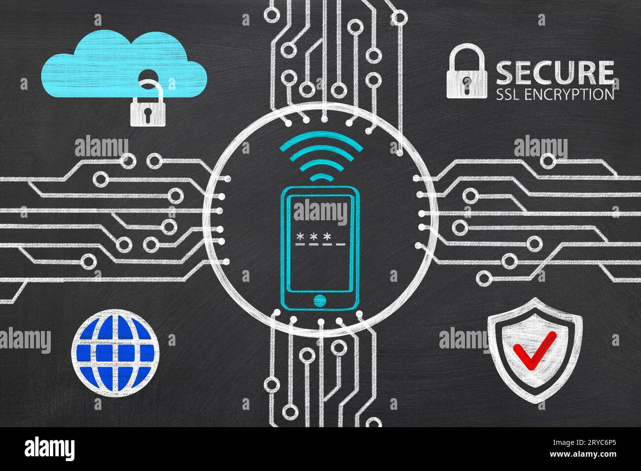 Disegni della lavagna di un progetto di circuito stampato che circonda un telefono cellulare con segnale wireless e password per i messaggi di sicurezza informatica. Foto Stock