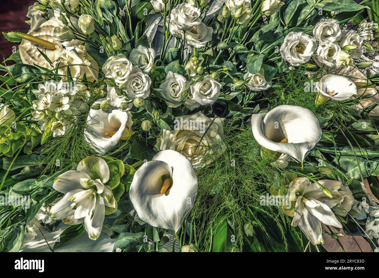 Bouquet di fiori bianchi, rose, gigli di calla e foglie verdi Foto Stock