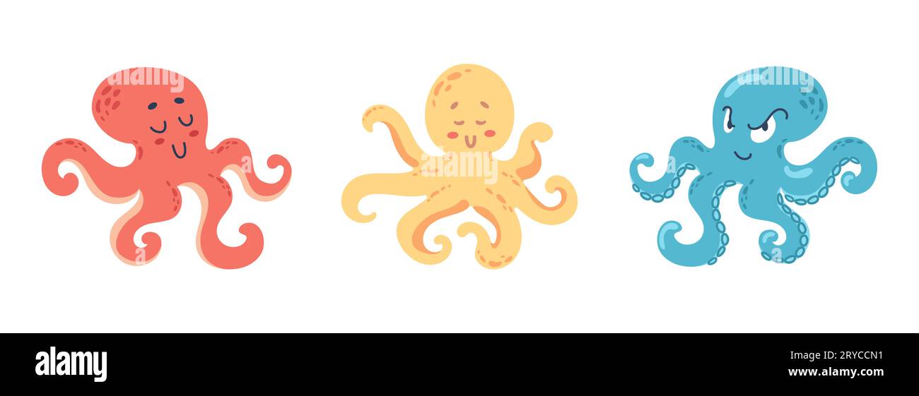 Set di simpatici e divertenti polpi colorati. Vita marina. Set di cartoni animati vettoriali di invertebrati oceanici, animali marini, kraken con succhierini sulle mani. Illustrati Illustrazione Vettoriale