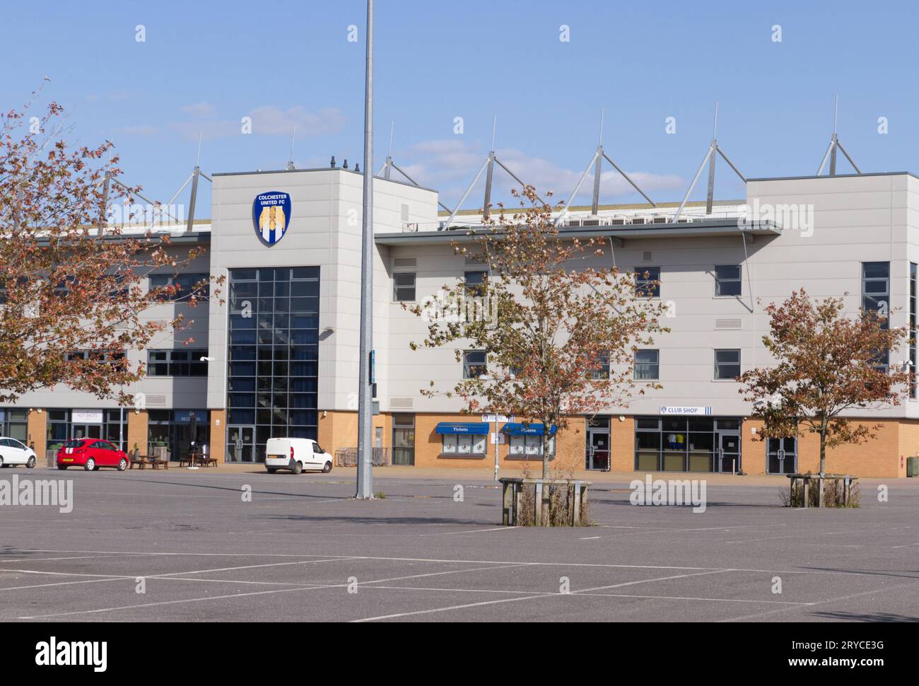 Il Jobserve Community Stadium, precedentemente conosciuto come Weston Homes Community Stadium, sede del Colchester United Football Club. Foto Stock