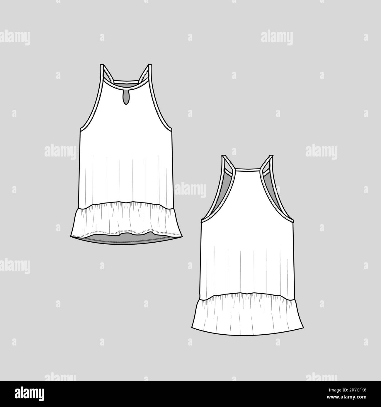 Pochette da donna volant camisole top orlo a immersione canotta moda schizzo piatto cad mock-up disegno tecnico modello disegno vettoriale Illustrazione Vettoriale