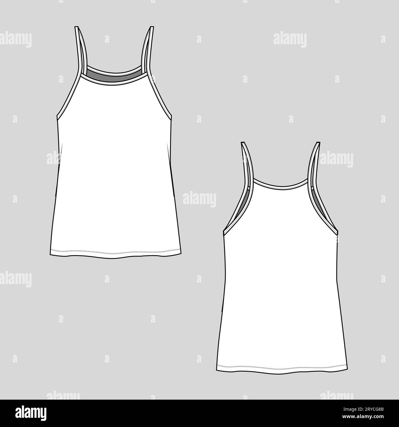 Donna Cami top fashion flat sketch cad mock-up vettore di progettazione di modelli di disegno tecnico Illustrazione Vettoriale