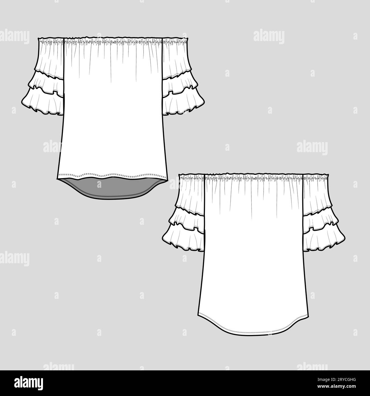 Volant a spalla da donna maglietta da raccolta con parte superiore, camicetta cad mock-up, modello di disegno piatto, vettore di disegno Illustrazione Vettoriale