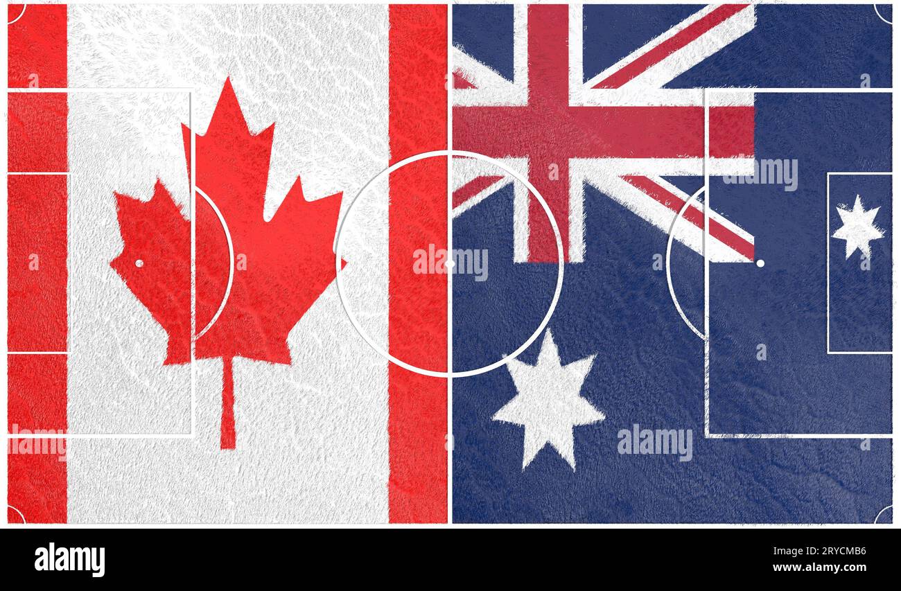 Canada vs Australia. Campo da calcio con bandiere Foto Stock