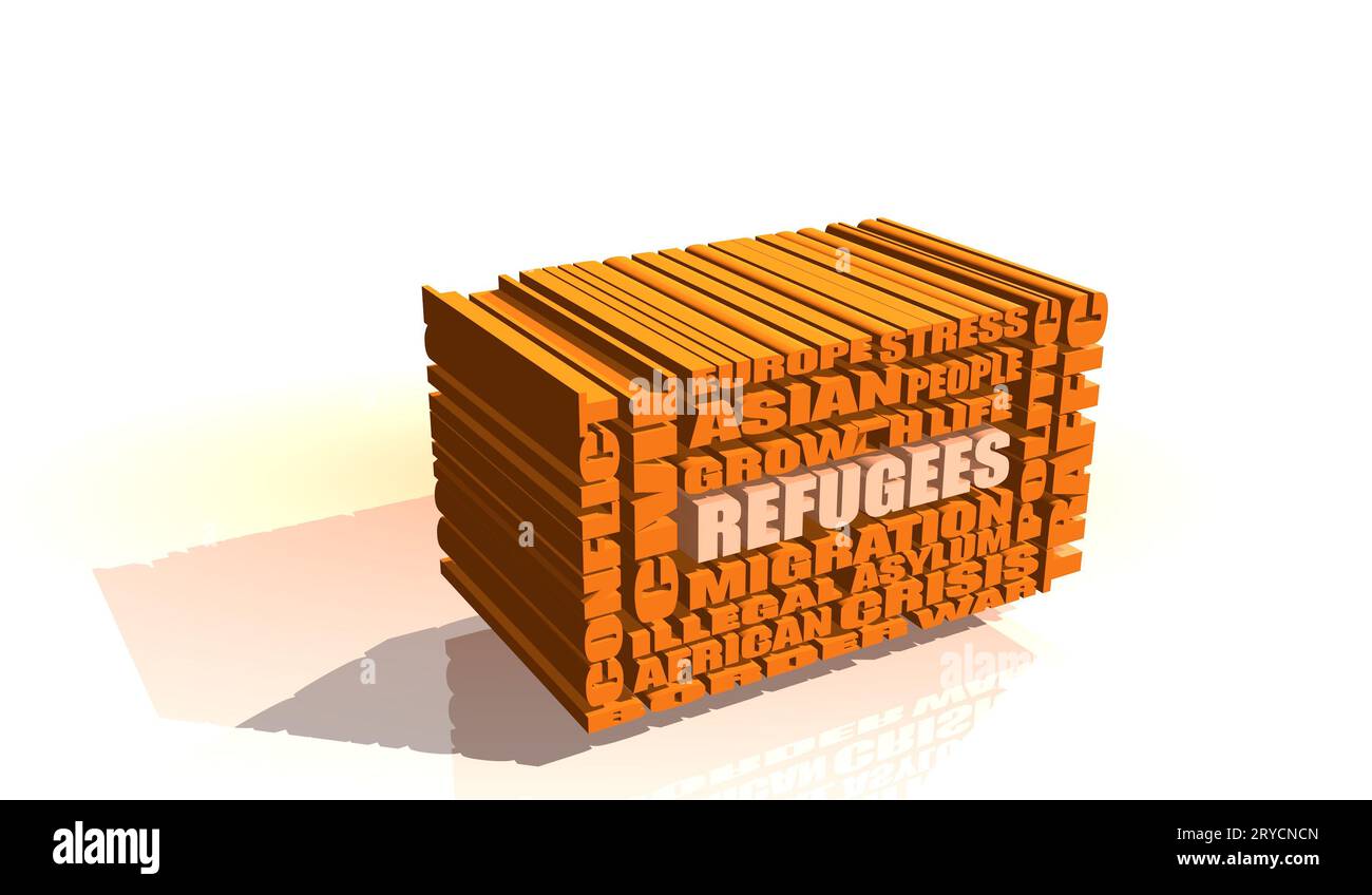 Rifugiati integrati nel cloud di tag relativi 3d. Foto Stock