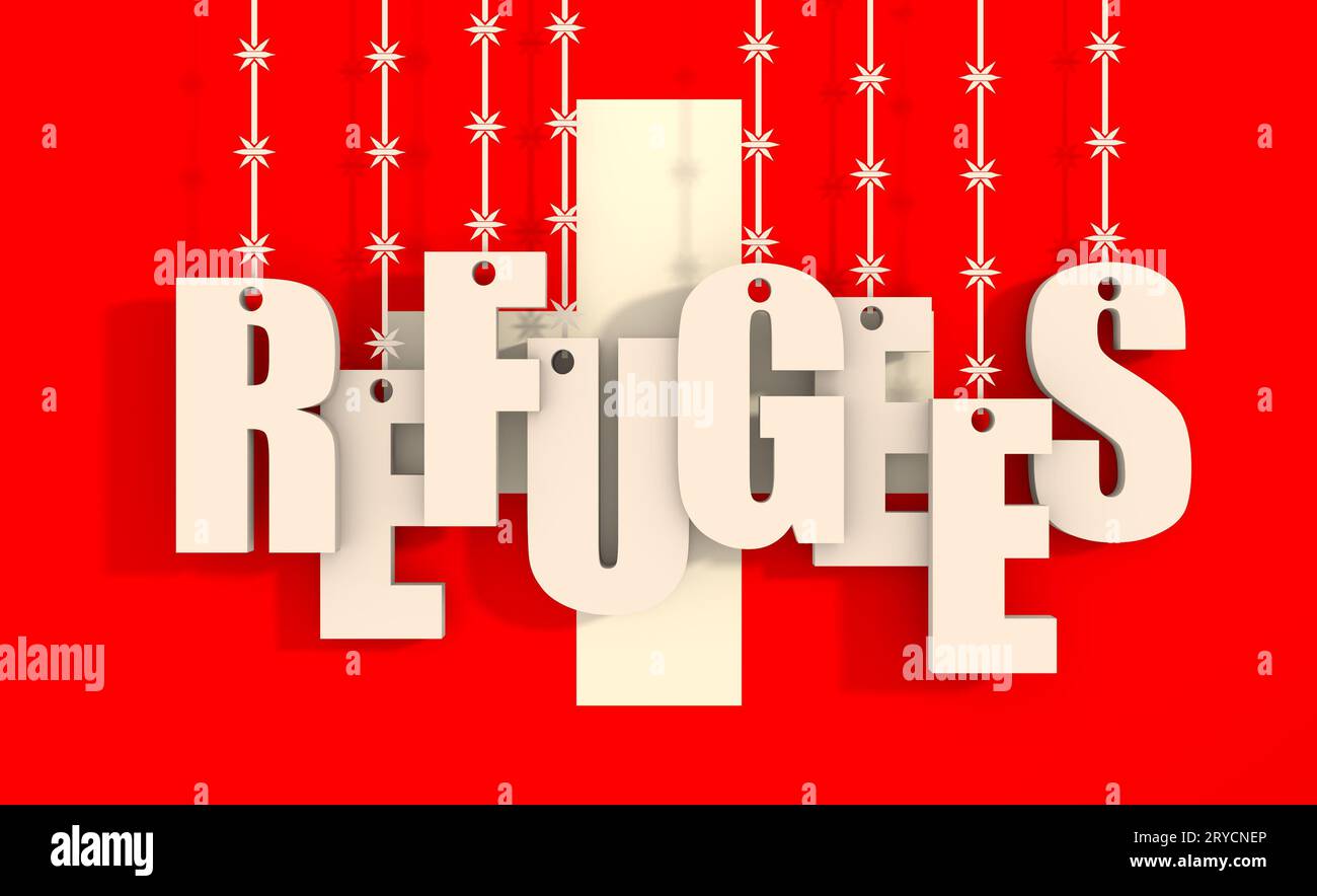 I rifugiati testo sospeso dal filo spinato Foto Stock