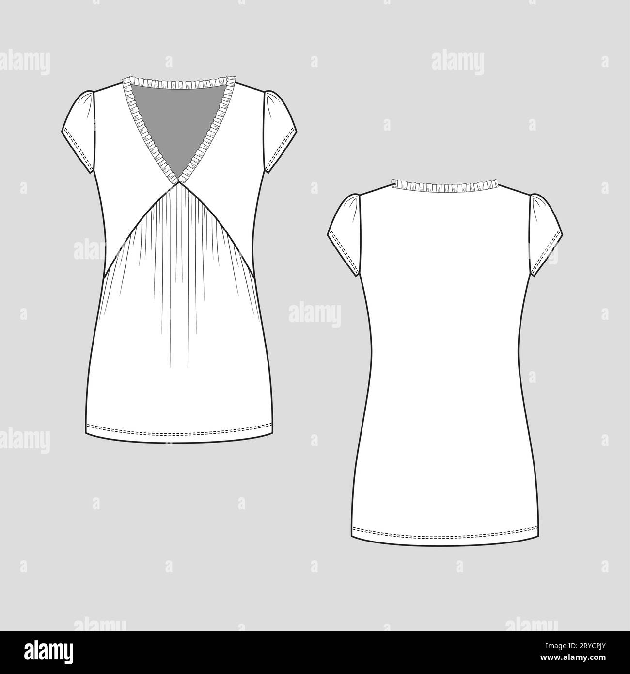 Felpa con zip invernale lunga felpa con patta abito tasche con zip a bottone dettagli coulisse maniche lunghe costine disegno piatto disegno tecnico modello di disegno Illustrazione Vettoriale