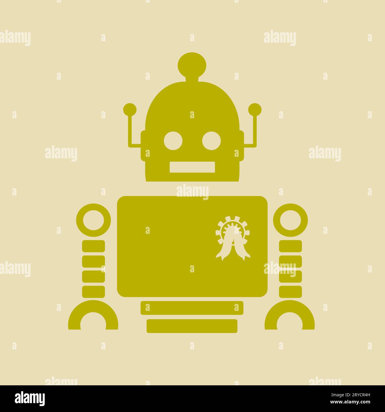 Carino robot vintage. Immagine relativa del settore della robotica. Medaglia della ruota dentata sul torace Foto Stock