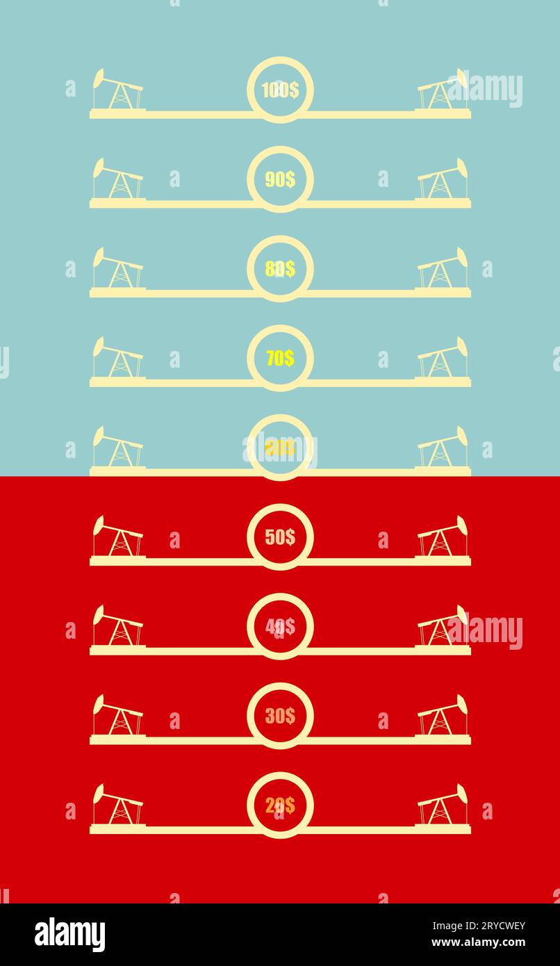 Listino prezzi del petrolio astratto, concetto vettoriale. Metafora relativa dell'industria petrolifera e del gas. Icone delle pompe dell'olio Foto Stock