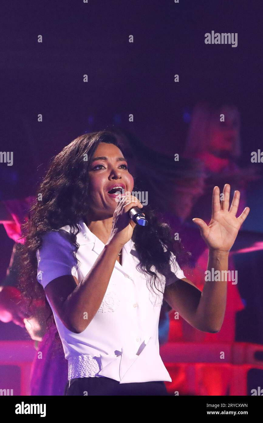 Roma, Italia. 29 settembre 2023. Roma, Rai ex cari studi, trasmissione televisiva "tale e quale Show". Nella foto: Jasmine rotolo imita Irene cara Credit: Independent Photo Agency/Alamy Live News Foto Stock