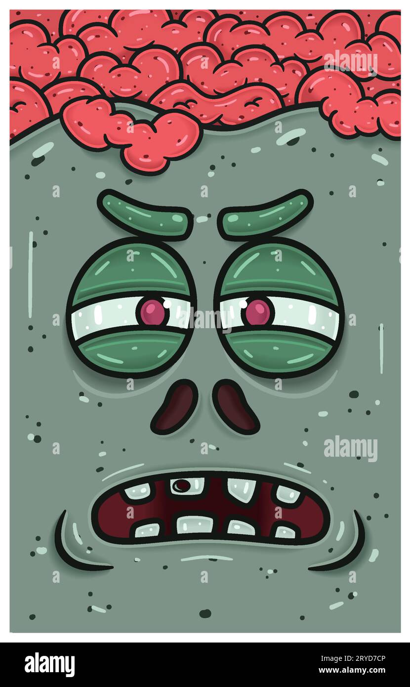 Suspecious Expression of Zombie Face Character Cartoon. Design di sfondo, copertina, etichetta e imballaggio. Illustrazione vettoriale Illustrazione Vettoriale