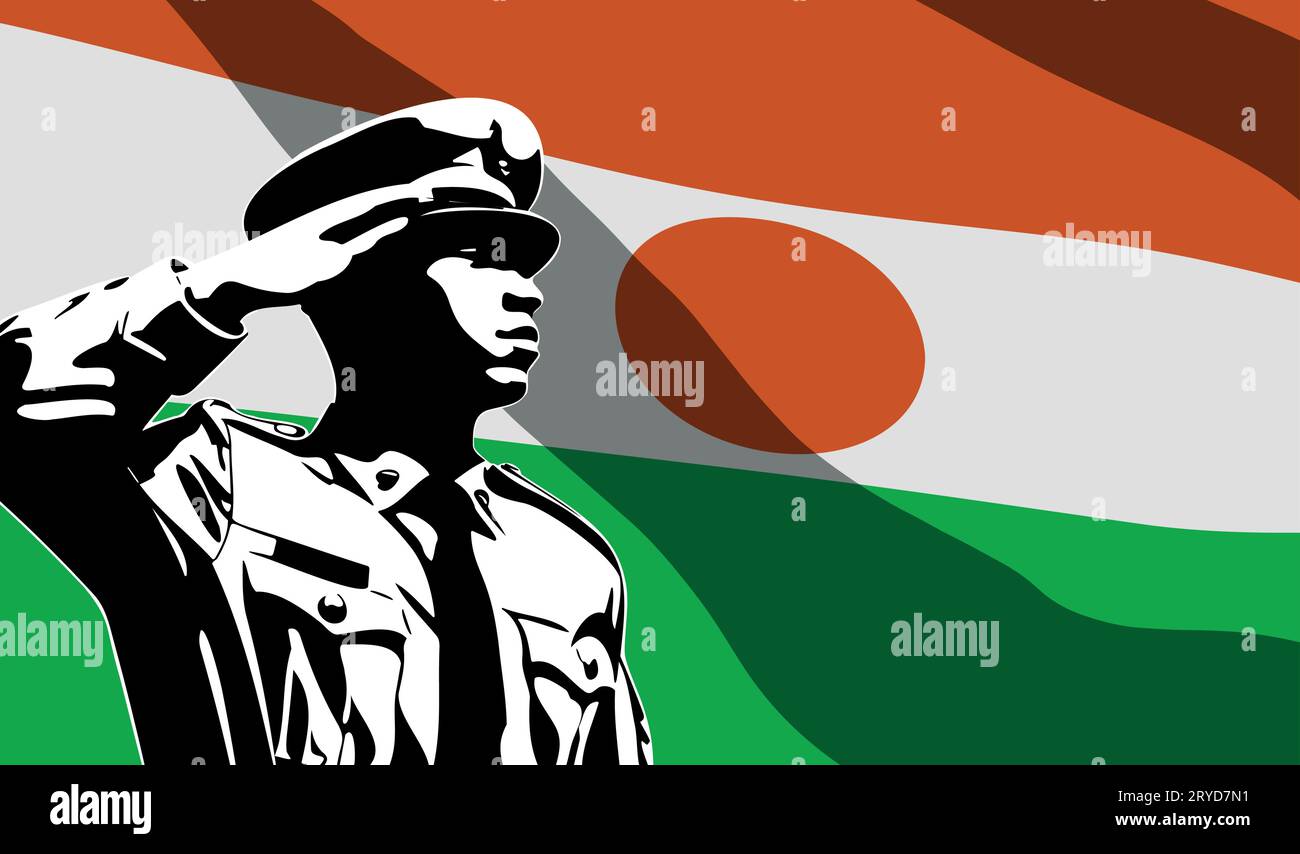 Silhouette di soldato con bandiera Niger sullo sfondo. Concetto di giornata dell'esercito Illustrazione Vettoriale