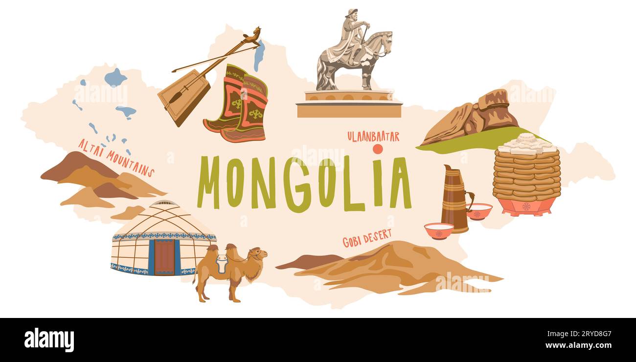 Mappa della Mongolia con attrazioni turistiche. Piatti tradizionali, oggetti per la casa di nomadi, una yurta. Illustrazione vettoriale per la progettazione di opuscoli turistici, Tourist m Foto Stock