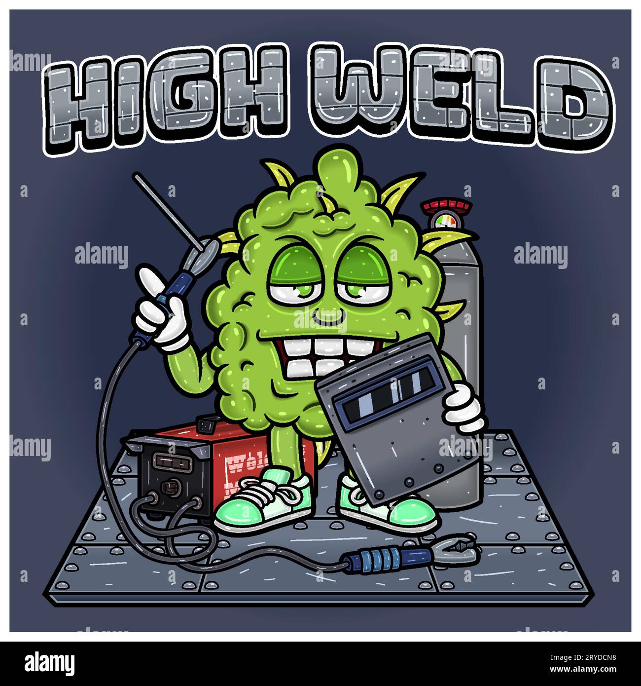 Weedbud tenendo il fumetto del carattere della macchina di saldatura con effetto testo e sfondo. Per logo Mascot, design maglietta, Business, copertina, etichetta e confezione P Illustrazione Vettoriale